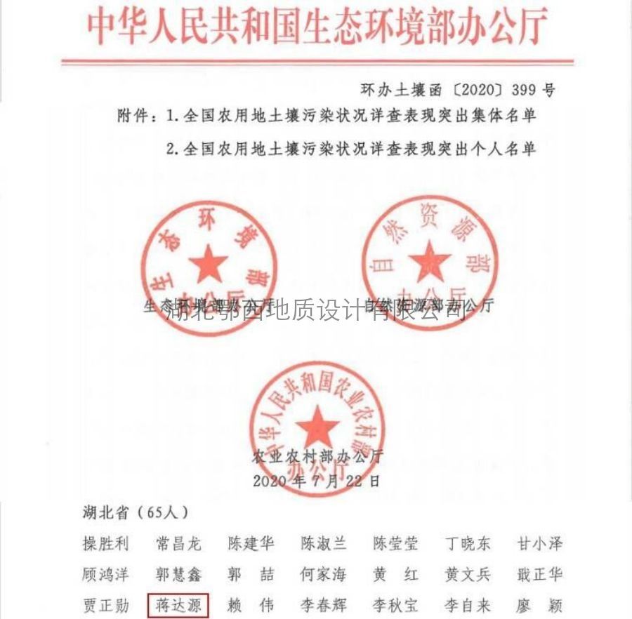 全國(guó)農(nóng)用(yòng)地(dì)土(tǔ)壤污染狀況詳查表現(xiàn)突出個(gè)人(rén)